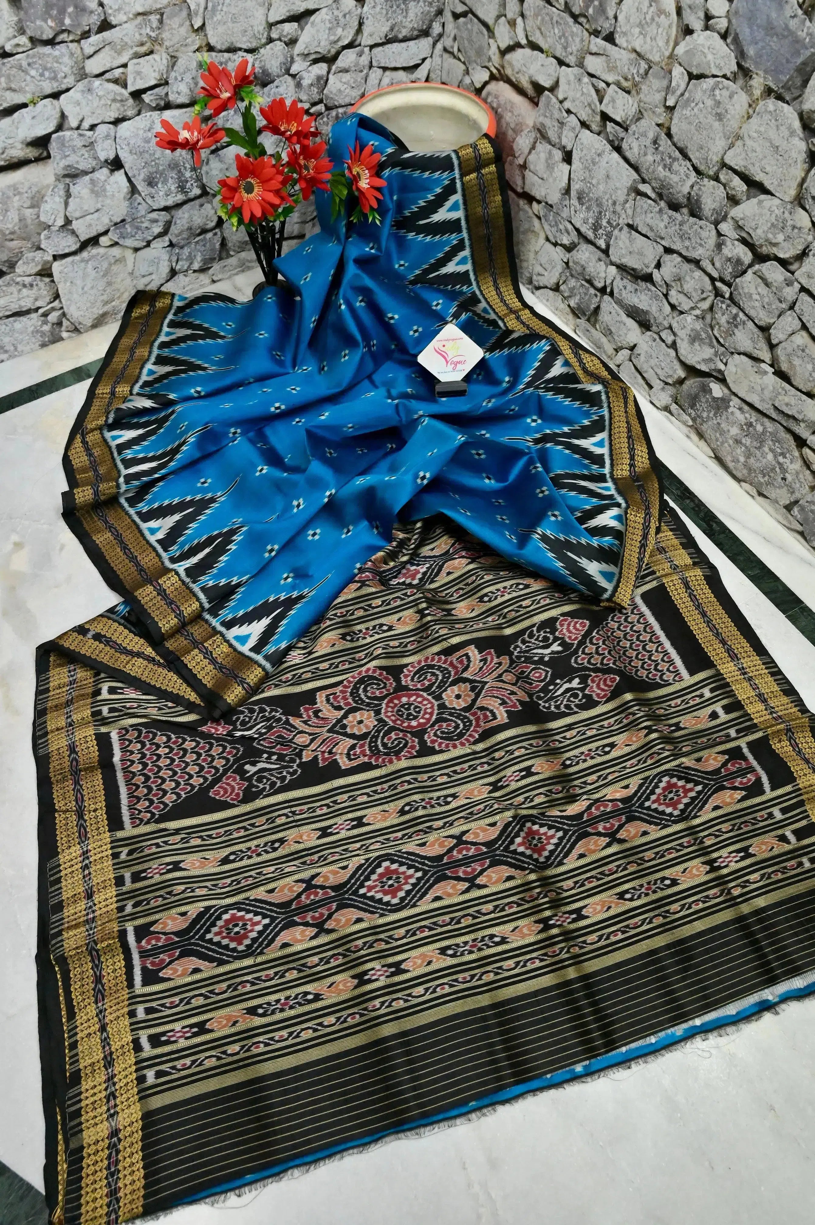 Buy Sapphire Blue Color Sambalpuri Silk Saree with Temple Border