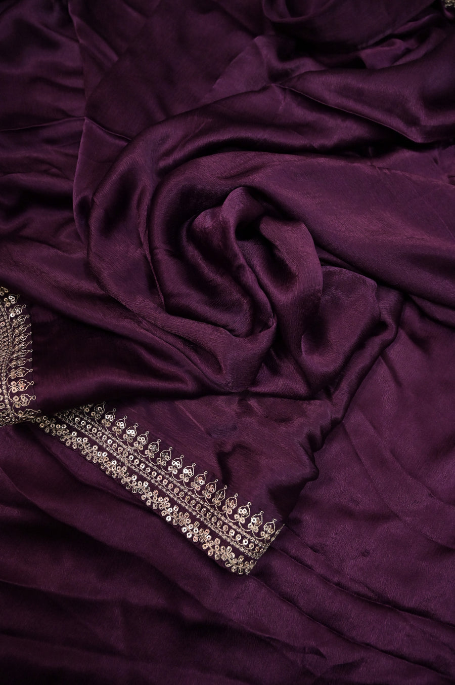 Satin Crepe Saree in Purplish Wine Color with Designer Border