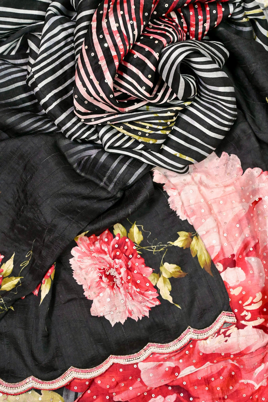 Satin Tussar Saree in Grey and Black Color with Allover Floral Digital Print and Sequin Embroidery with Scallop Border