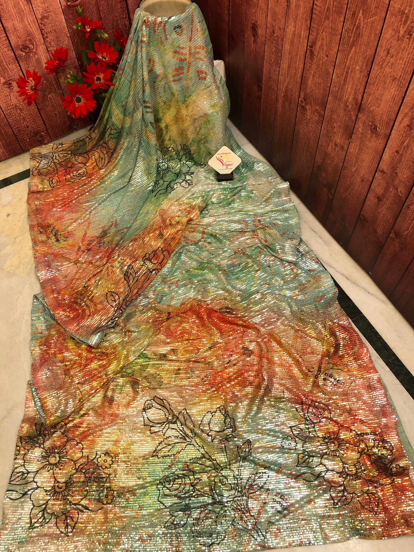 Seafoam Green and Orange Color Designer Net Saree with Digital Print & Sequin Work