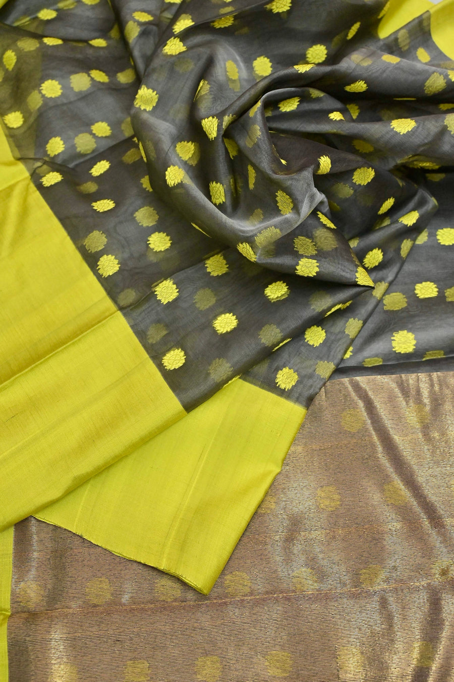 Seaweed Green Color Chanderi Banarasi Saree with Yellow Border