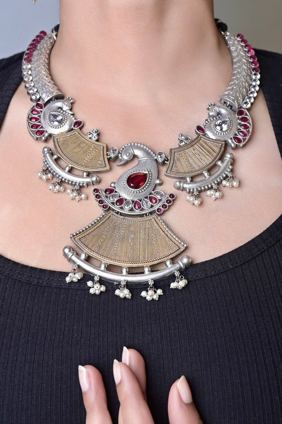 Silver and Golden Dual-Tone Boho Collar Necklace Set with Monalisa and AD Stone Work