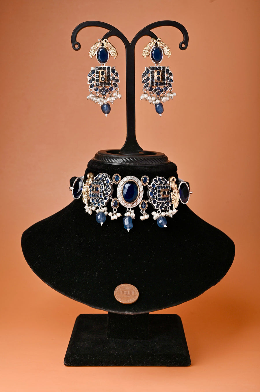Silver and Golden Dual Tone Choker Necklace Set with Blue Color Monalisa Stone and Pearl
