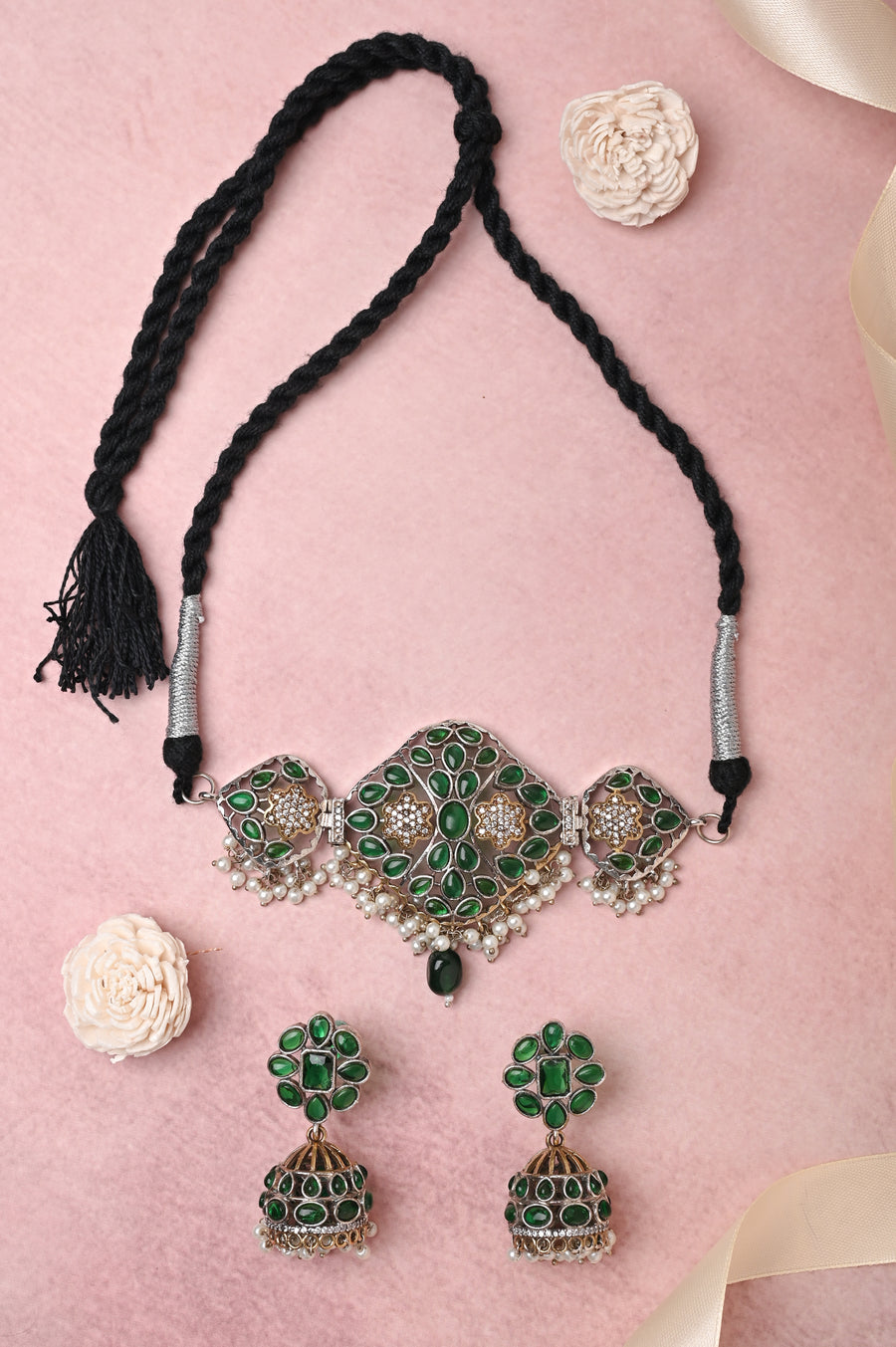 Silver and Golden Dual-Tone Choker Necklace Set with Monalisa Stonework and AD Stone