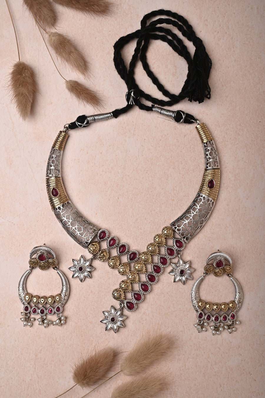 Silver and Golden Dual Tone Collar Necklace Set with Monalisa Stonework