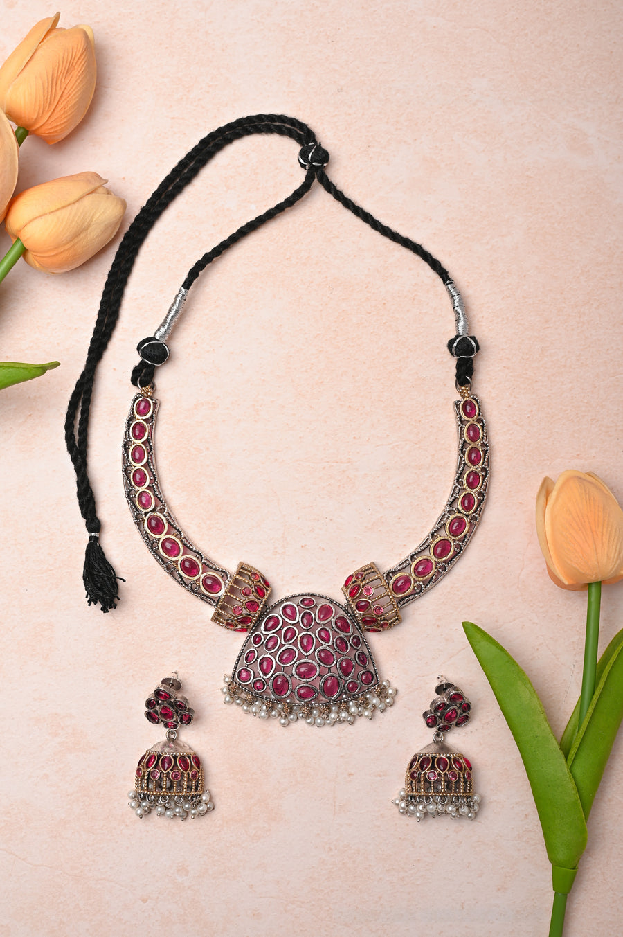 Silver and Golden Dual Tone Long Collar Marwar Necklace Set with Monalisa Stone Work