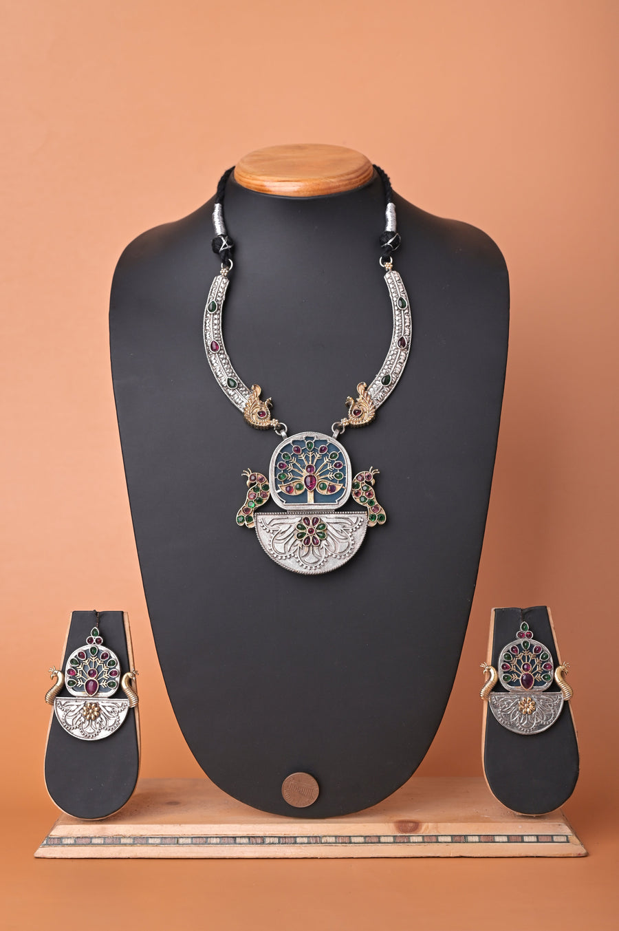 Silver and Golden Dual Tone Long Collar Necklace Set with Monalisa Stone Work
