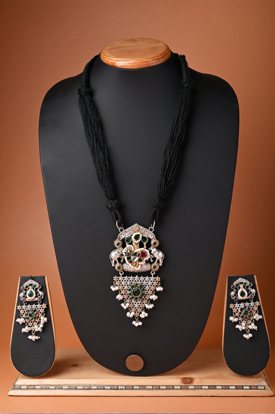Silver and Golden Dual Tone Long Collar Necklace Set with Multicolored Monalisa Stonework