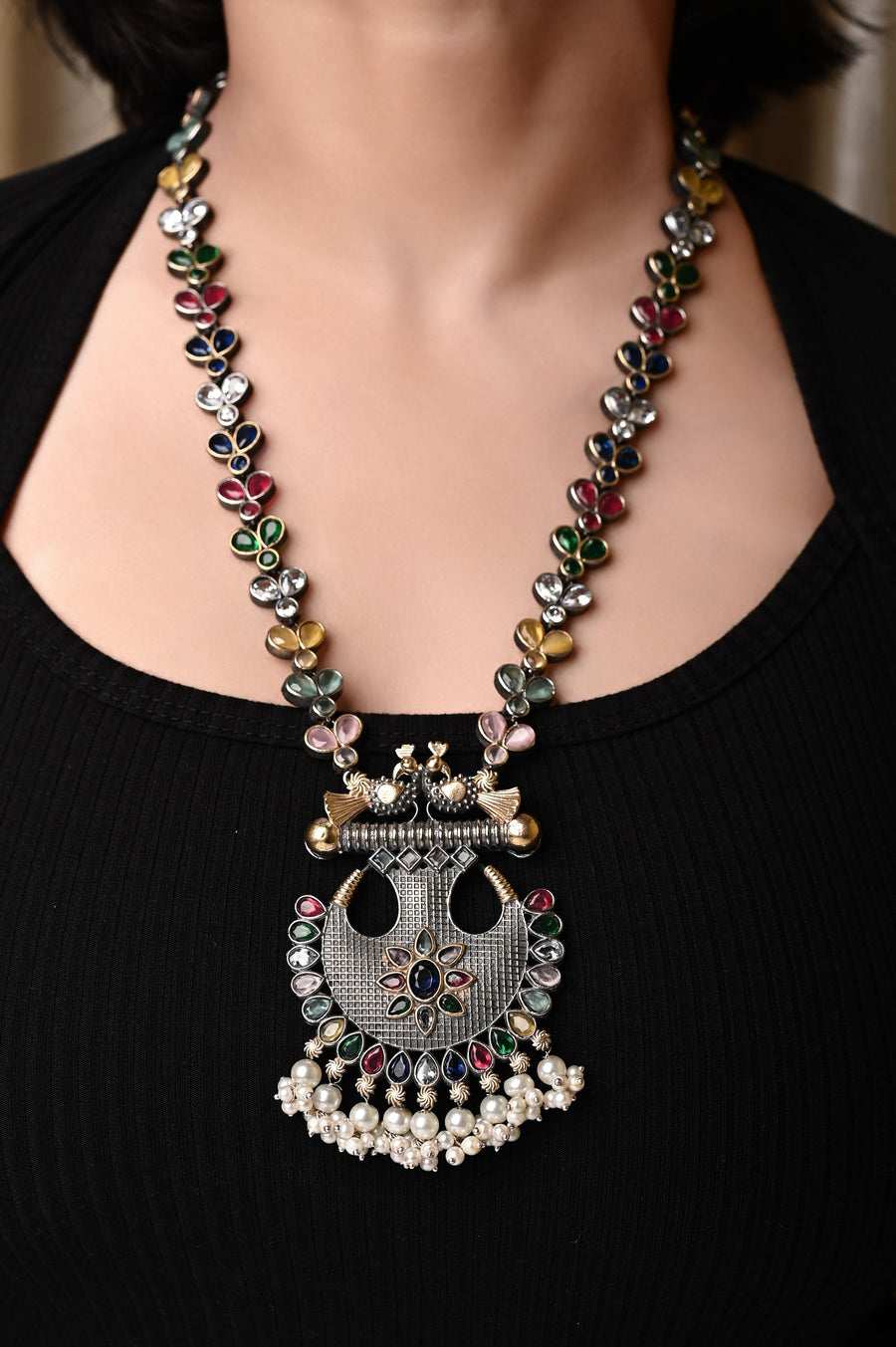 Silver and Golden Dual Tone Long Necklace Set with Multicolor Monalisa Stone