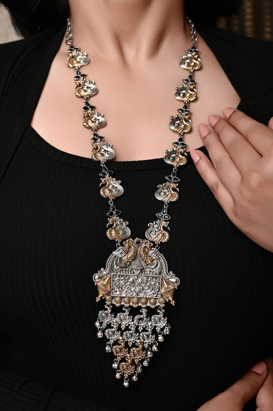 Silver and Golden Dual Tone Long Sitahar Style Necklace Set with Monalisa Stonework