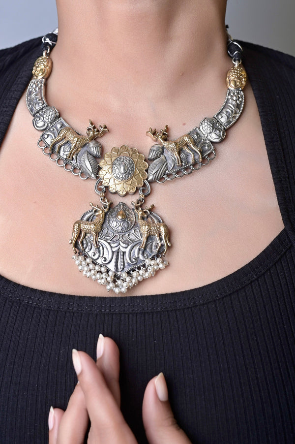 Silver and Golden Dual Tone Marwar Fusion Necklace Set