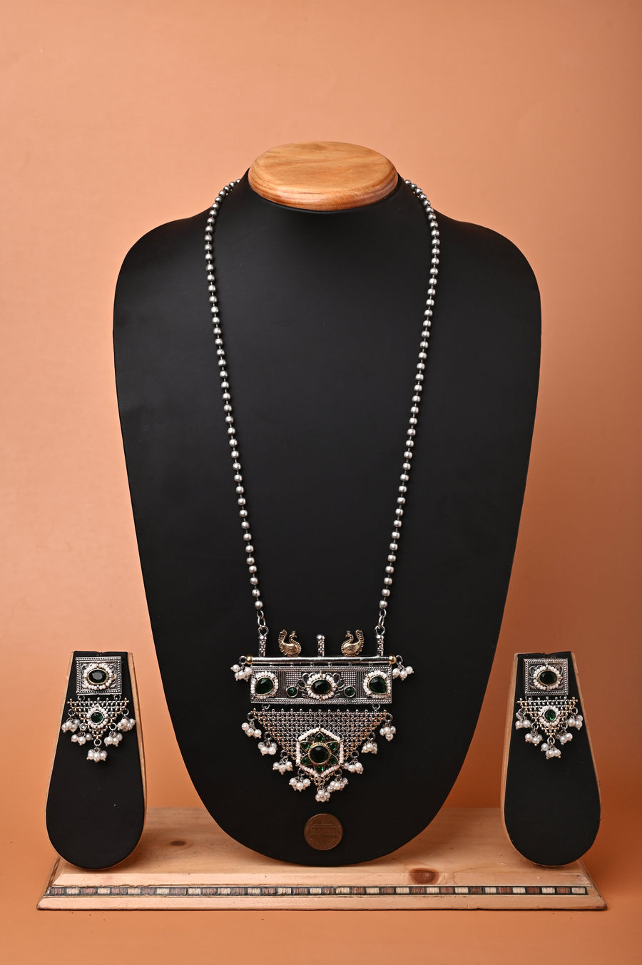 Silver and Golden Metal Long Sitahar Style Necklace Set with Monalisa Stone and Pachi Kundan Work