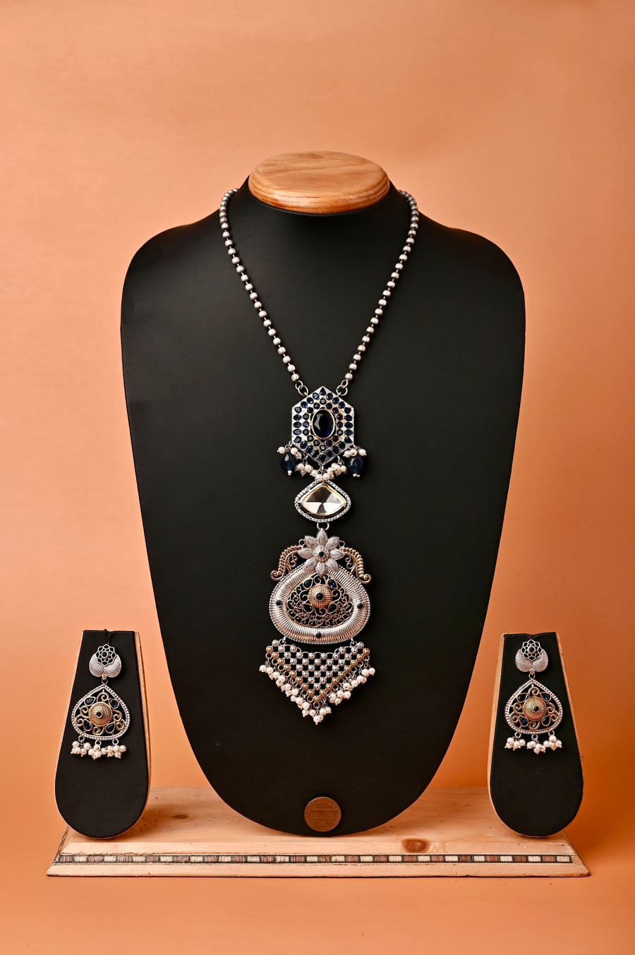 Silver and Golden Metal Long Sitahar Style Necklace Set with Monalisa Stone and Pachi Kundan Work