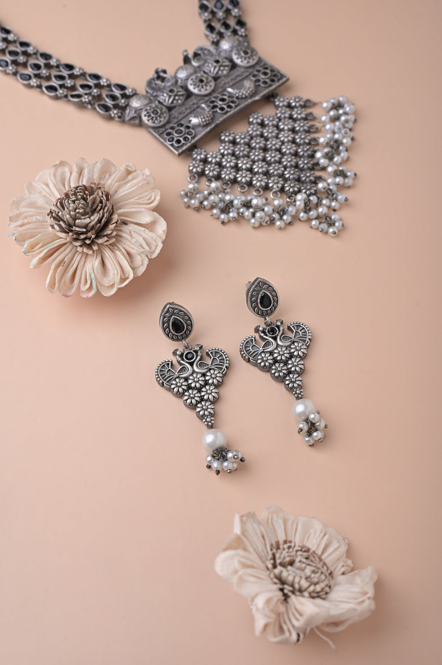 Silver Long Necklace Set with Monalisa Stone Work