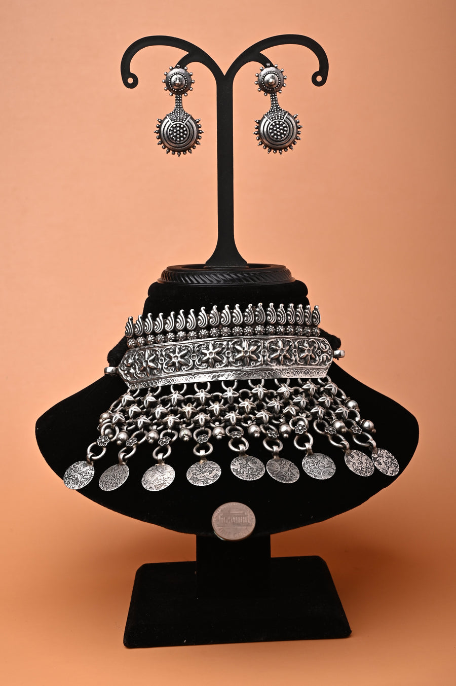 Silver Metal Afghani Style Jhanjhariya Choker Necklace Set