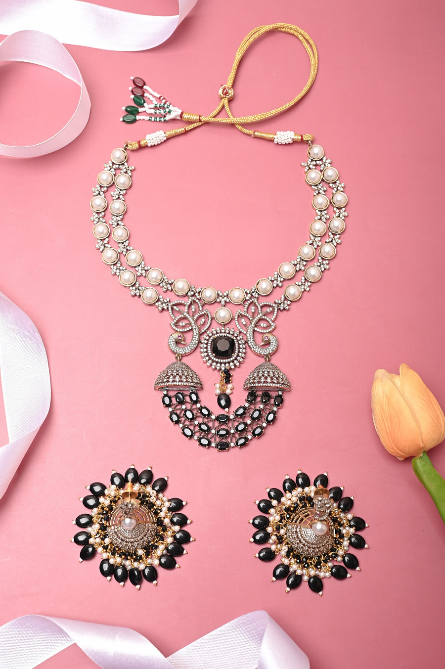 Silver Toned Stonework and Pearlwork Princess Style Necklace Set