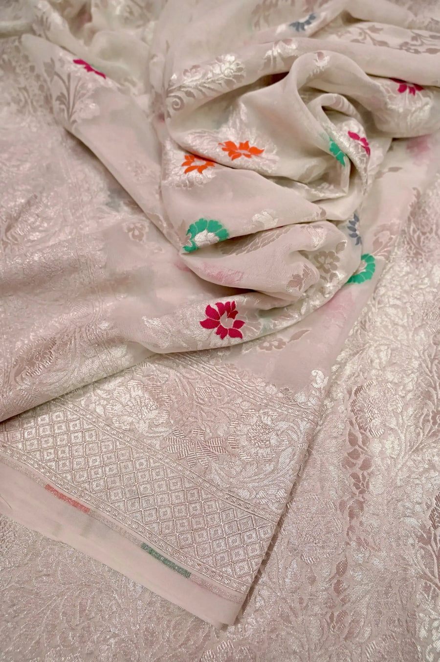 Silver White Color Pure Georgette Banarasi Saree with Silver Zari and Meenakari Jaal Weaving