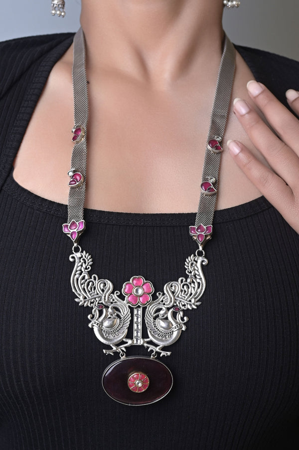 Sitahar Style Silver Necklace Set with Pachi Kundan Work