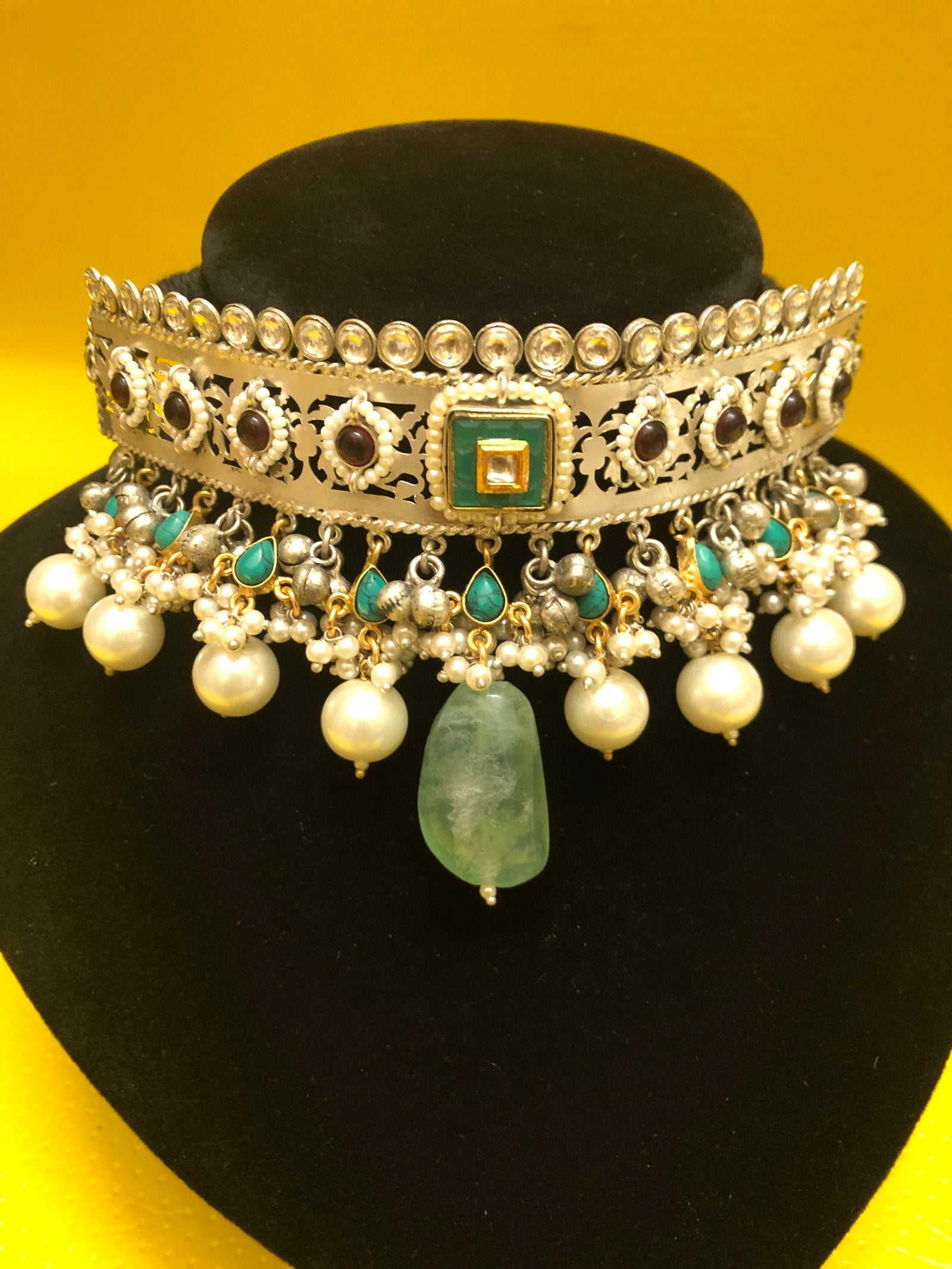 Curve Stone Work 92.5 Silver Polish Choker Necklace Set