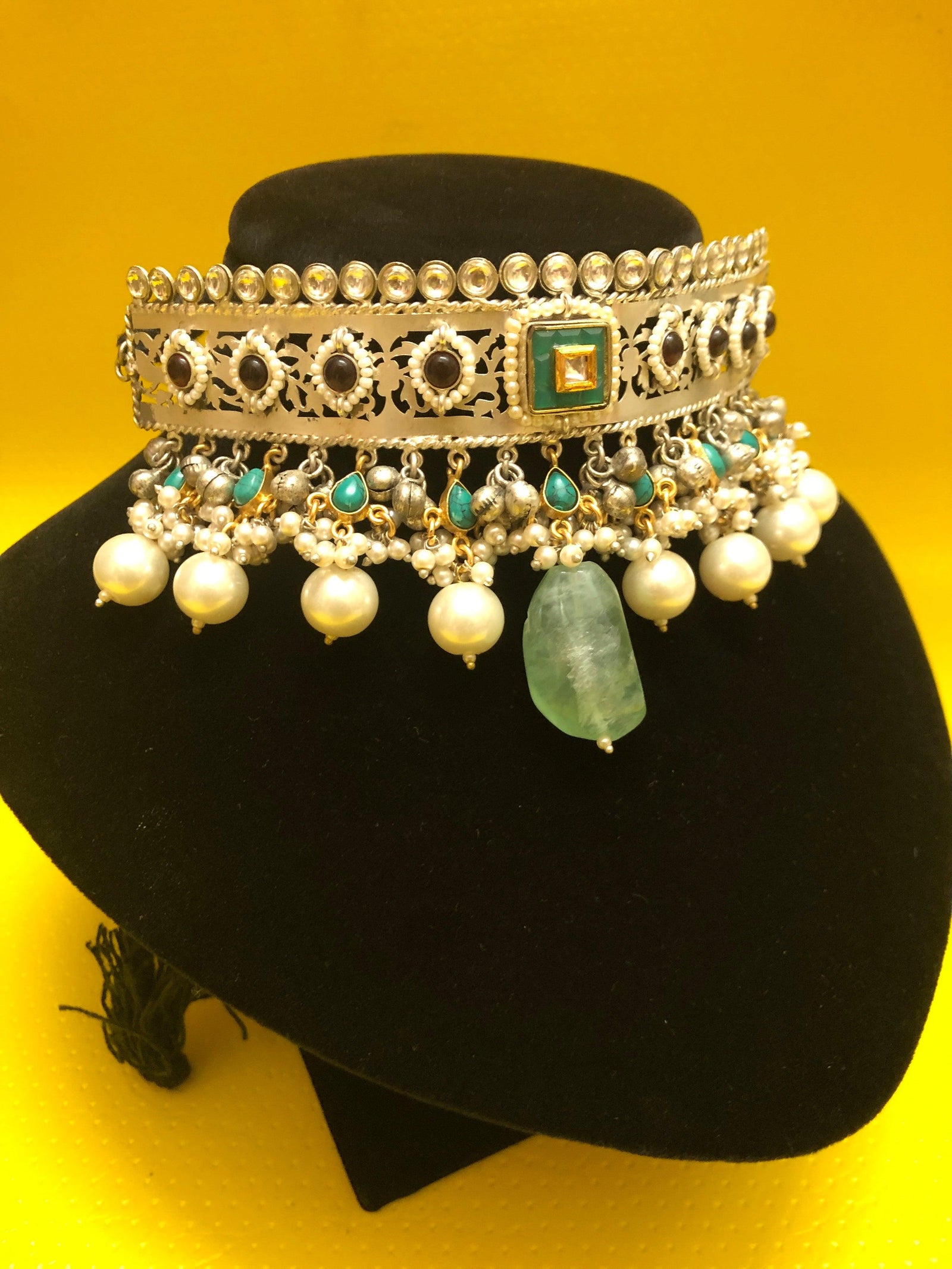 Curve Stone Work 92.5 Silver Polish Choker Necklace Set
