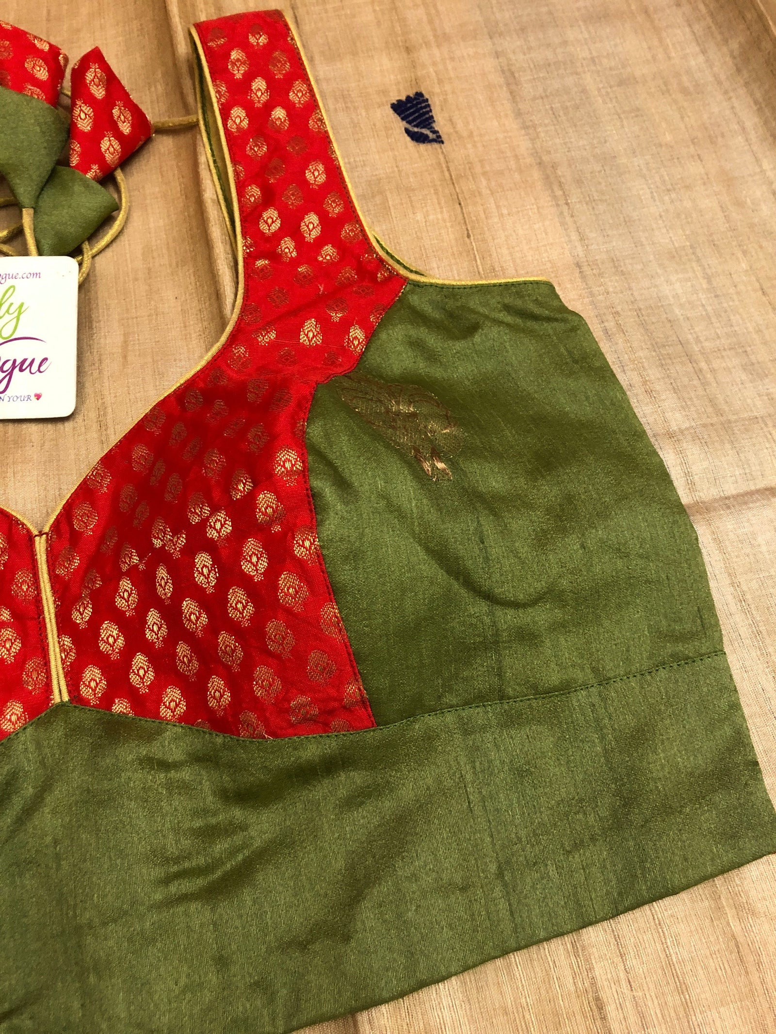 Dark Cardamom Green Color Sleeveless Designer Tussar Banarasi Blouse