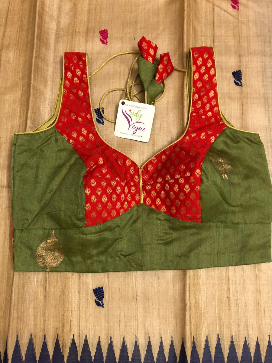 Dark Cardamom Green Color Sleeveless Designer Tussar Banarasi Blouse