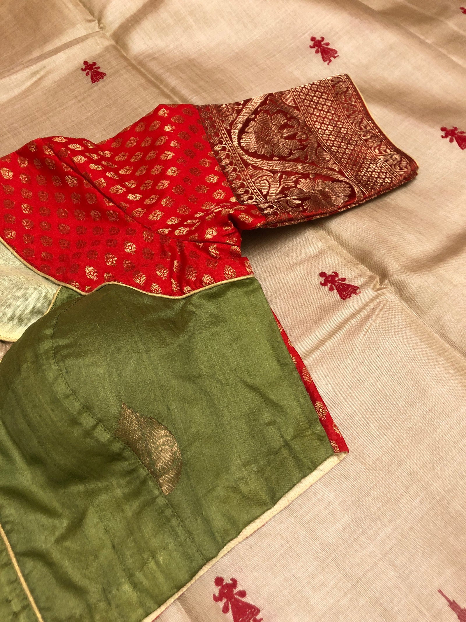 Dark Red and Green Color Designer Tussar Blouse with Chanderi Work