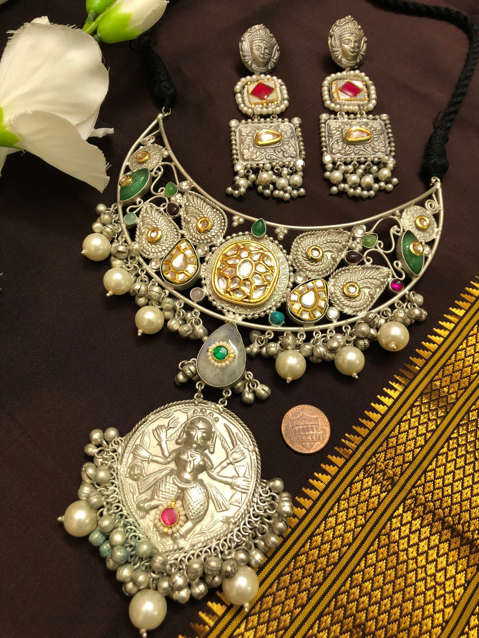 Designer 92.5 Silver Polish Pachi Kundan High Collared Necklace Set with Hyderabadi Pearl and Curved Monalisa Stone Work