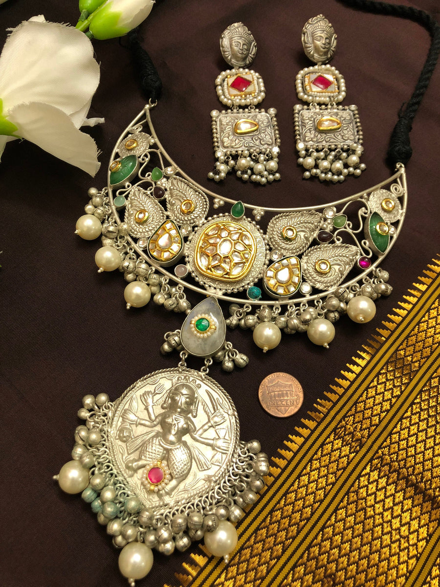 Designer 92.5 Silver Polish Pachi Kundan High Collared Necklace Set with Hyderabadi Pearl and Curved Monalisa Stone Work