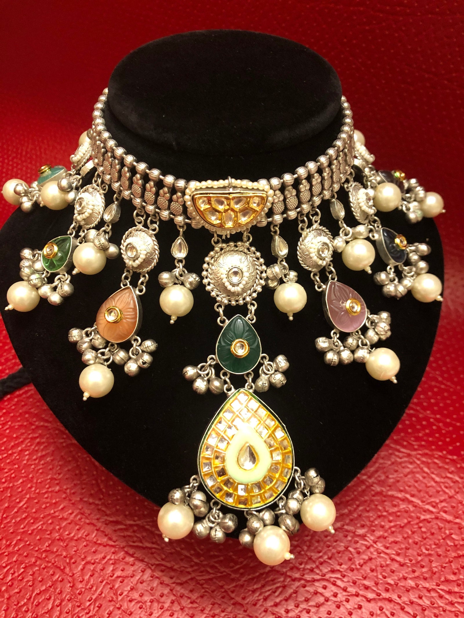 Designer 92.5 Silver Polish Pachi Kundan Necklace Set with Hyderabadi pearl and Curve Stone Work