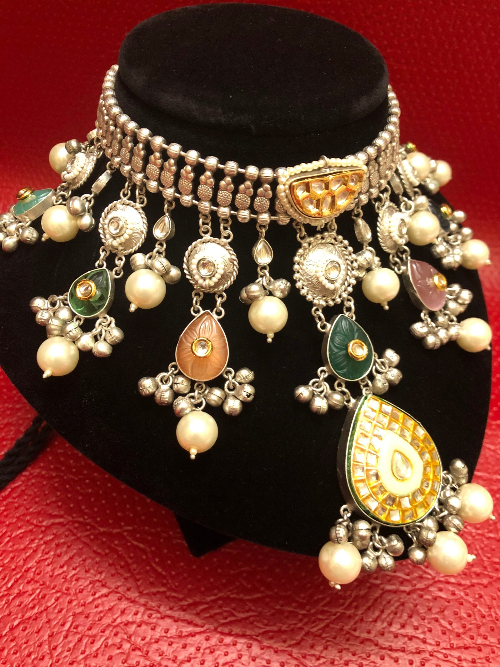 Designer 92.5 Silver Polish Pachi Kundan Necklace Set with Hyderabadi pearl and Curve Stone Work