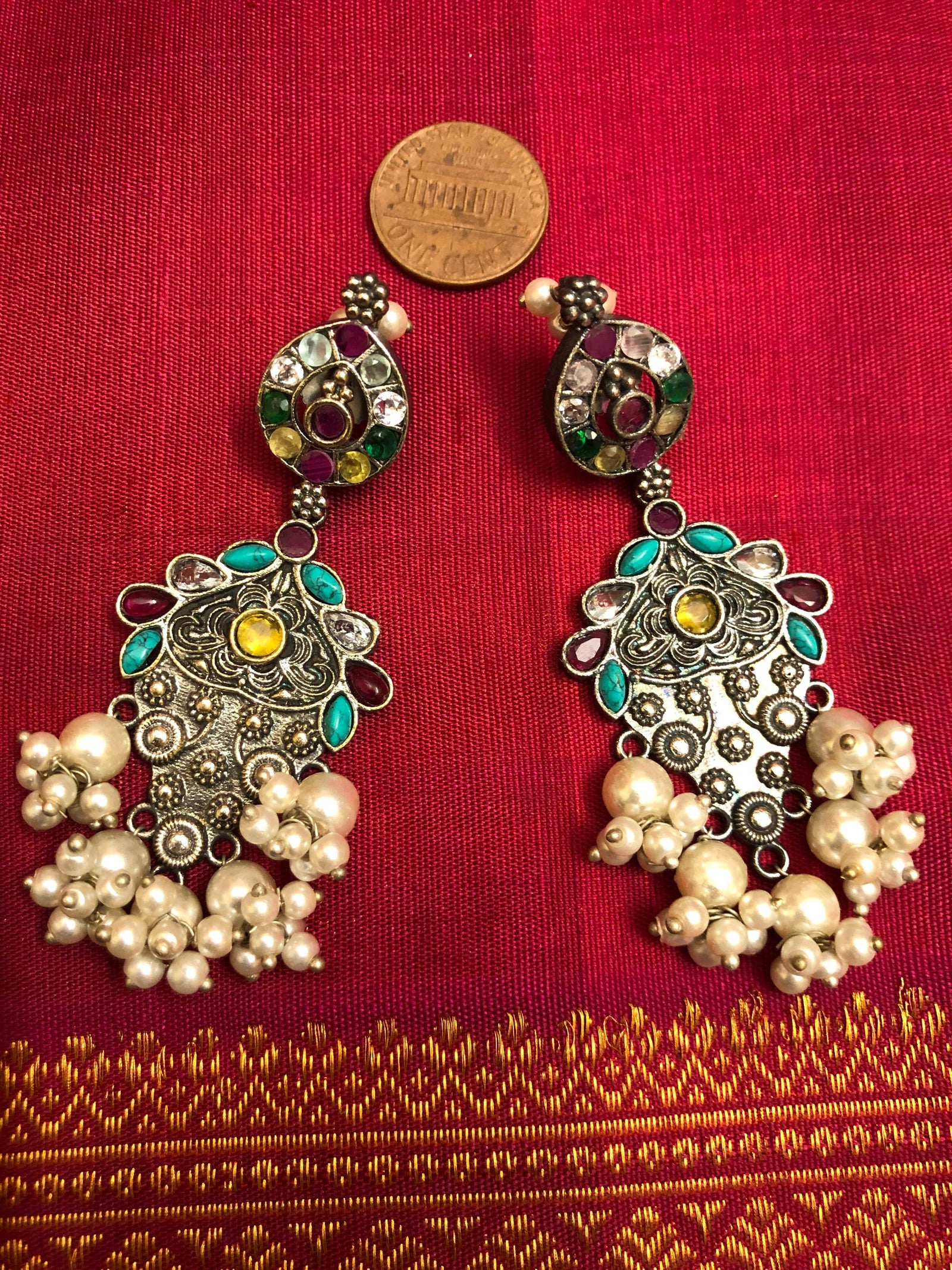 Designer Silver Long Pendant Collar Necklace Set with Monalisa Stone Work