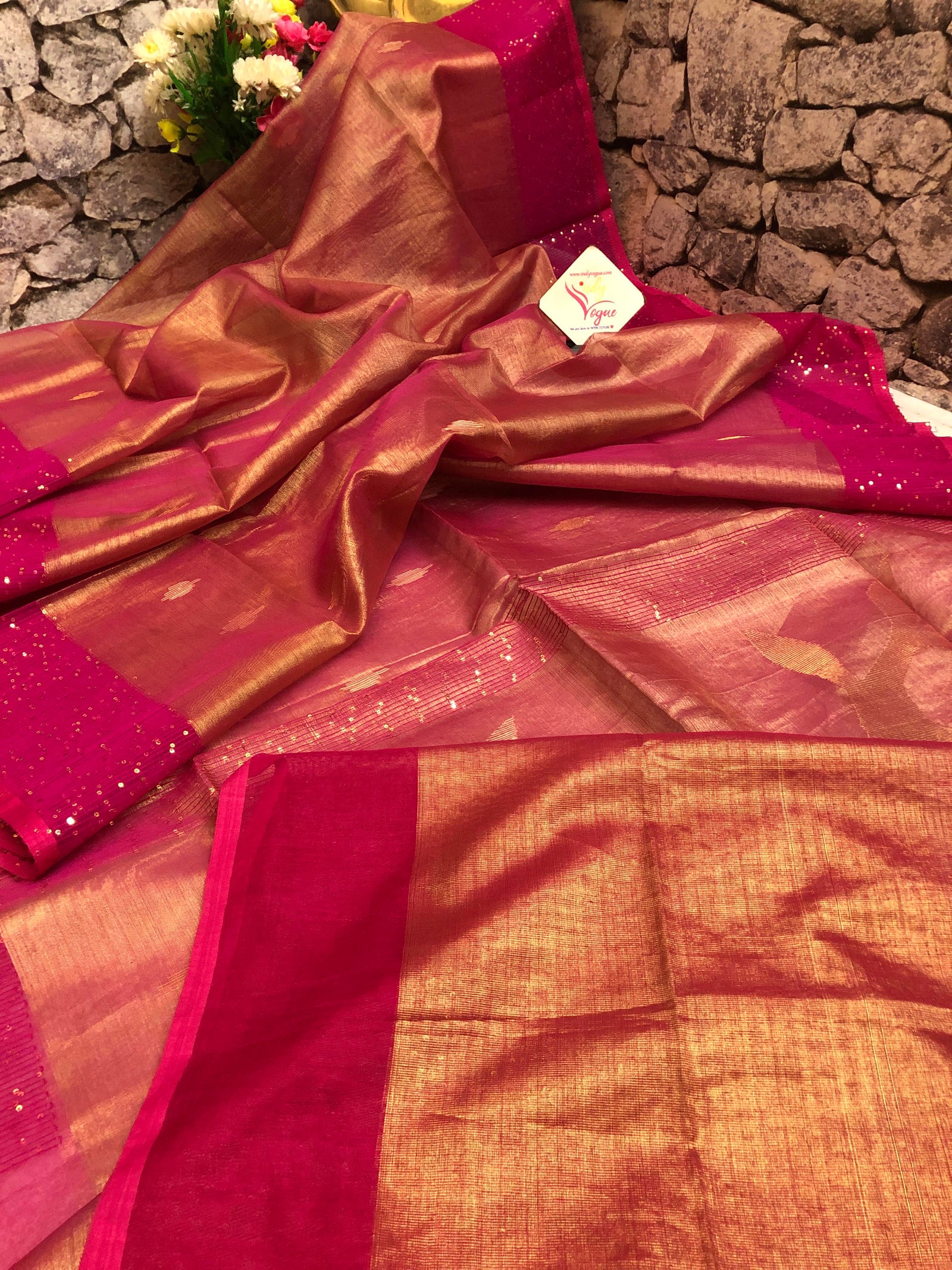 Dual Tone Magenta and Golden Color Tissue Resham Handloom Saree with Sequin Work