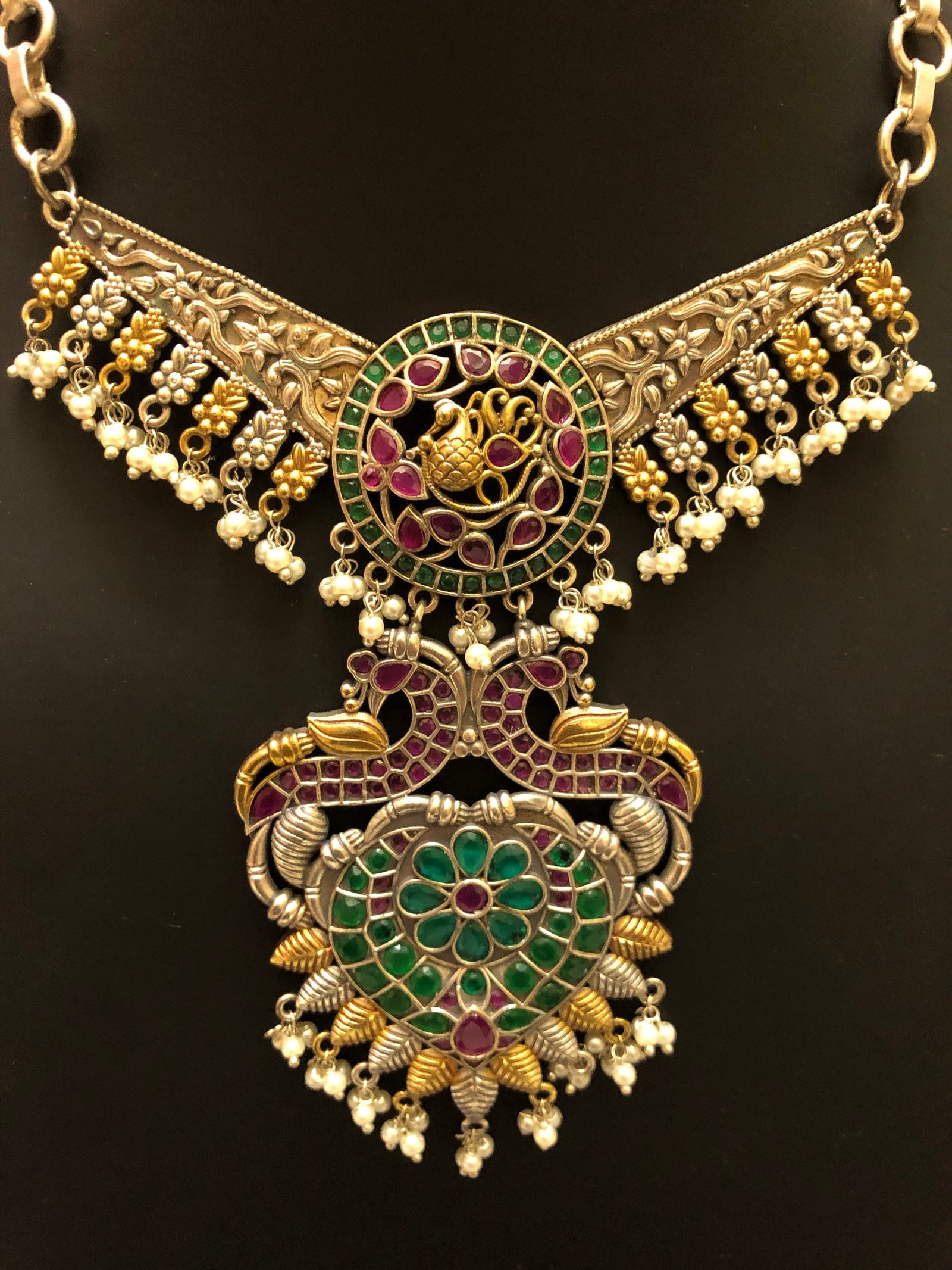 Dual Tone Silver Replica Collar Necklace Set with Monalisa Stone