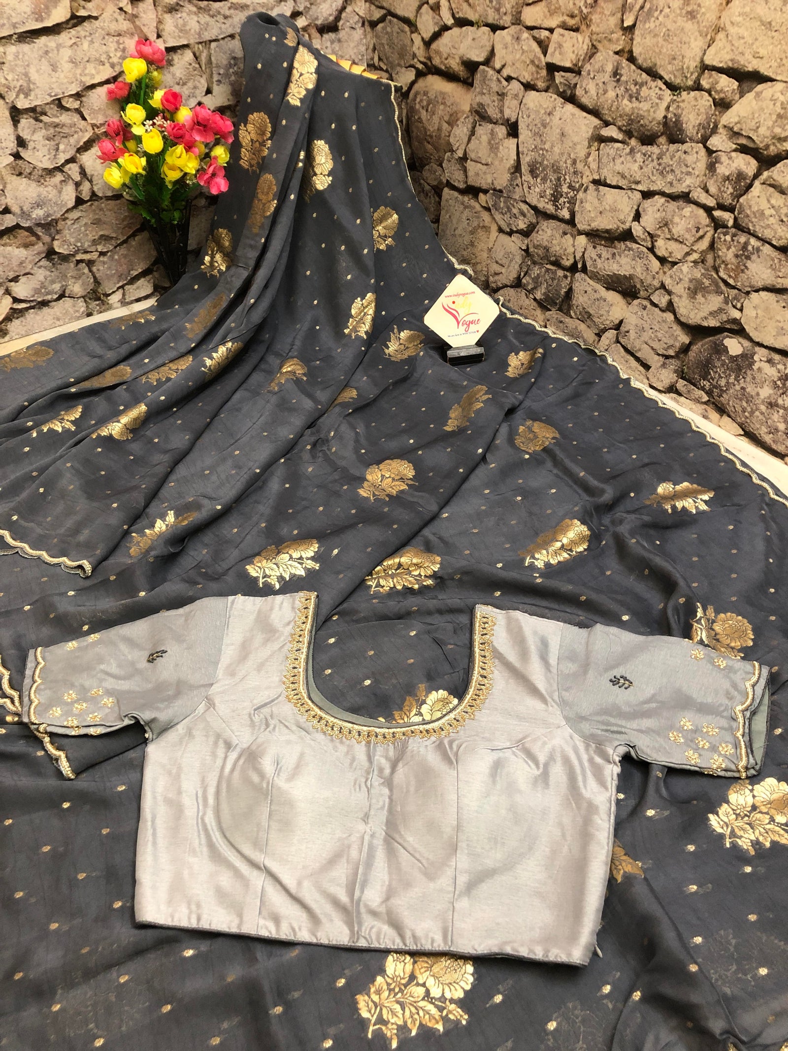 Grey Color Designer Georgette Saree with Zari Butta and Scallop Border