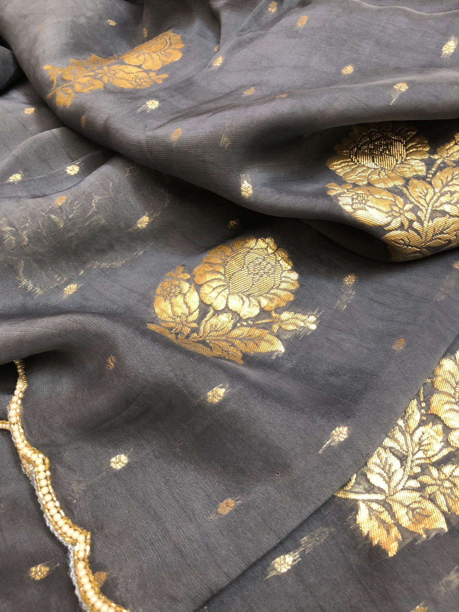 Grey Color Designer Georgette Saree with Zari Butta and Scallop Border