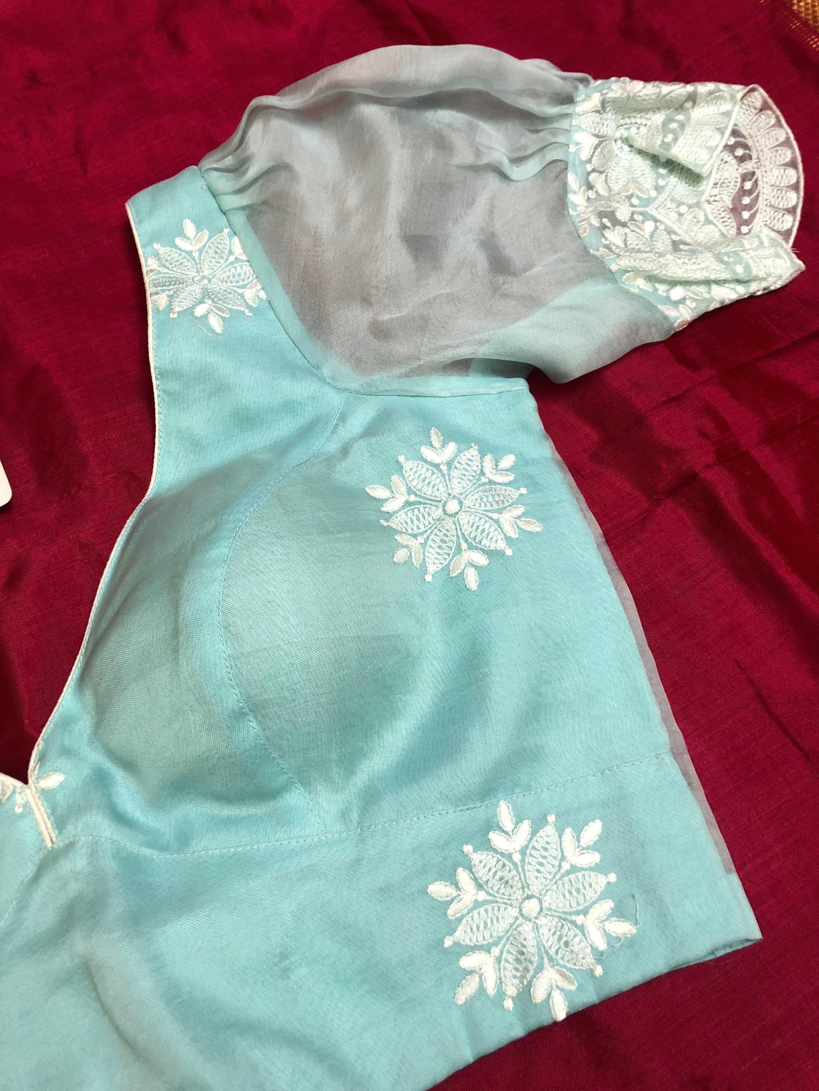 Ice Blue Color Designer Organza banarasi Blouse with Butterfly Sleeves