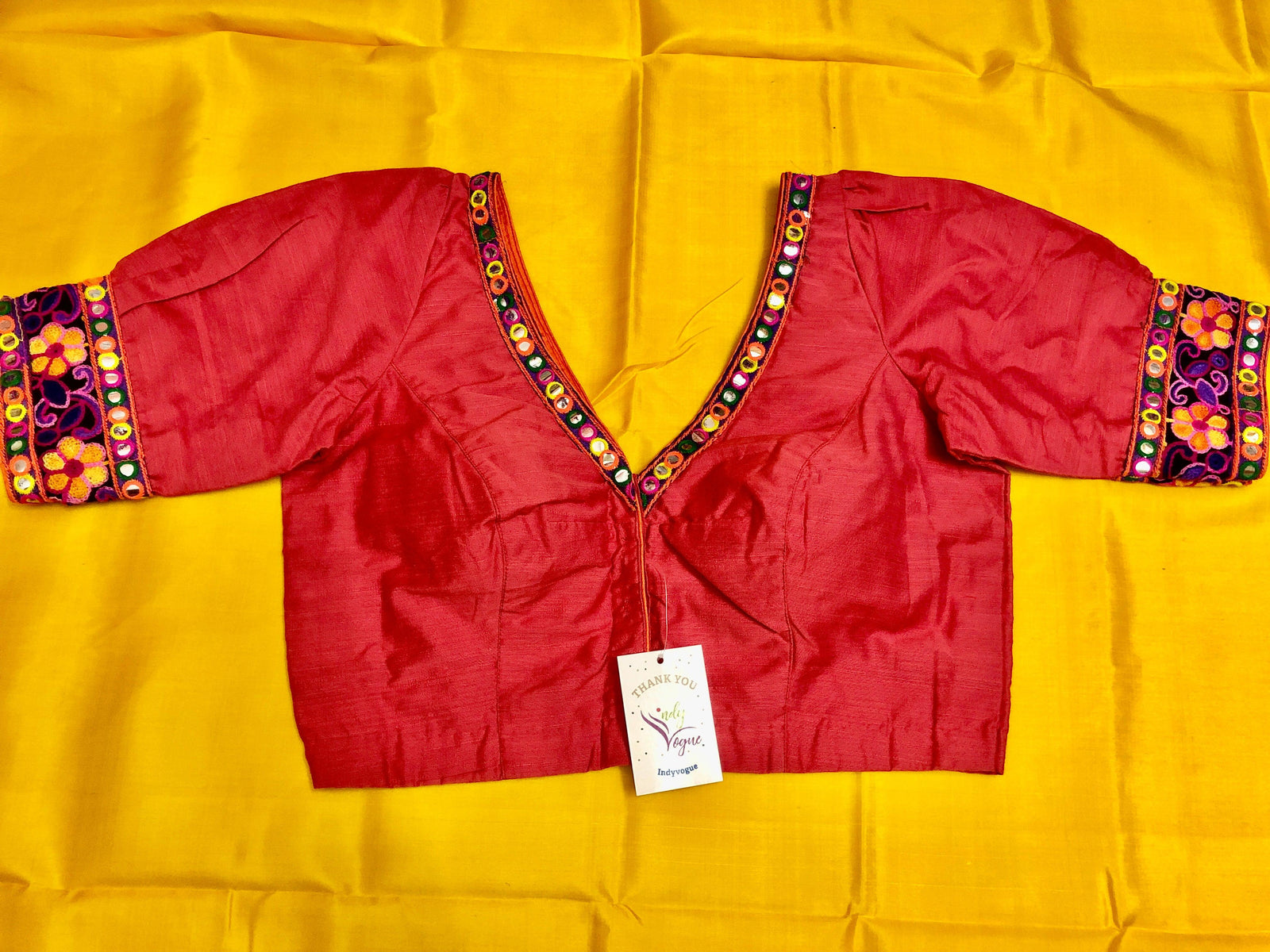 Red Color Puff Sleeved Raw Silk Blouse with Kathiawadi Border