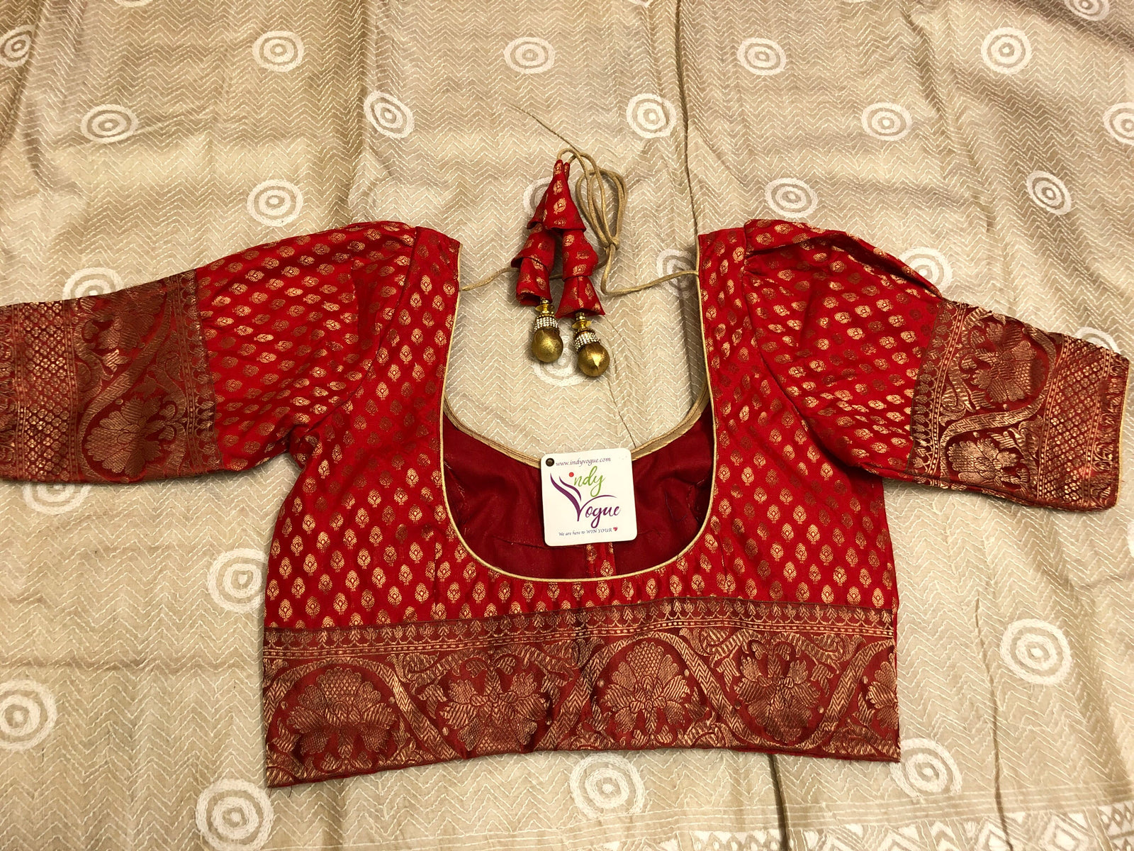 Royal Red Color Designer Chanderi Blouse with Puff Sleeves