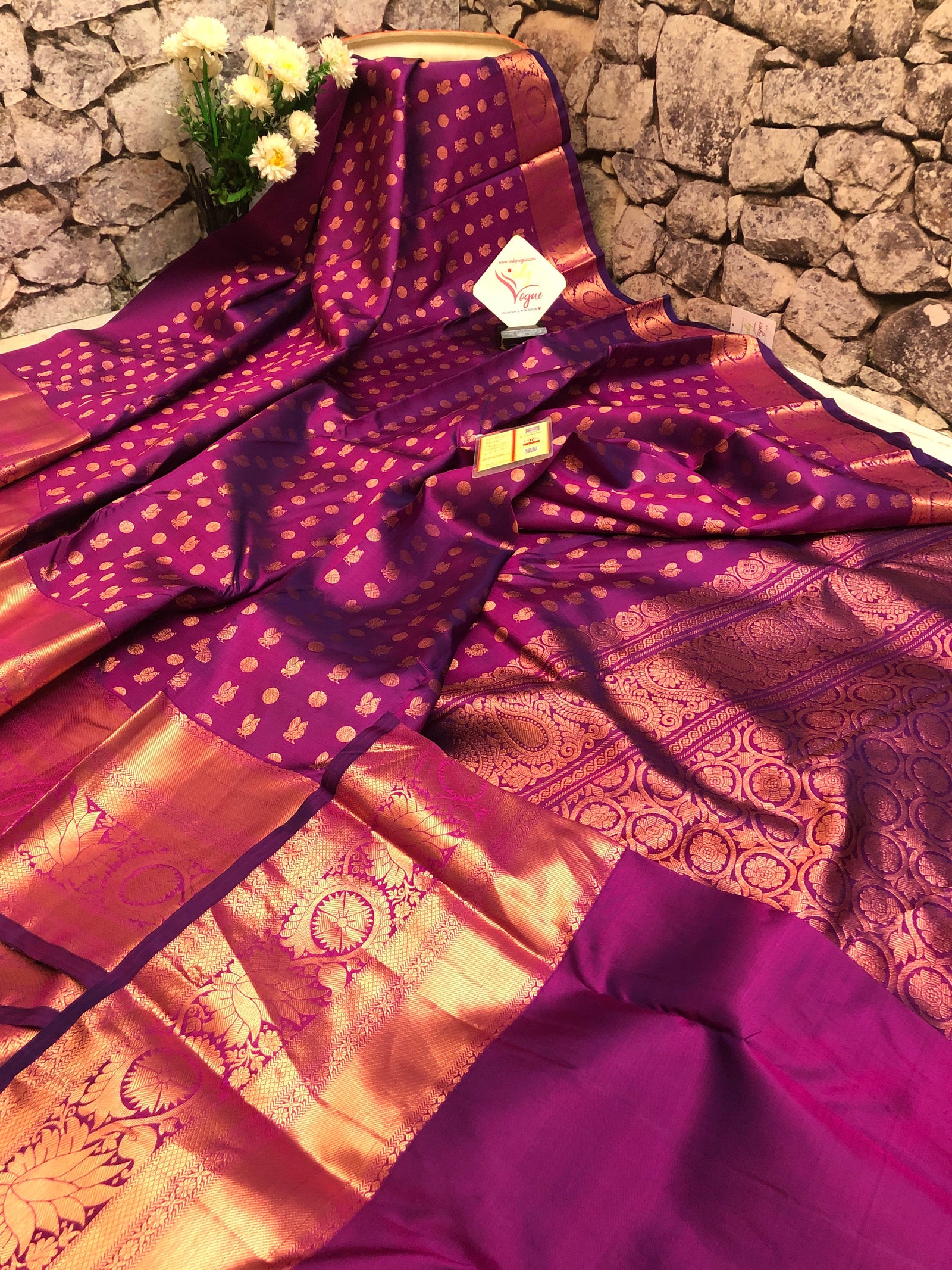 Sangria Color Kanjeevaram Silk Saree with Allover Copper Zari Work