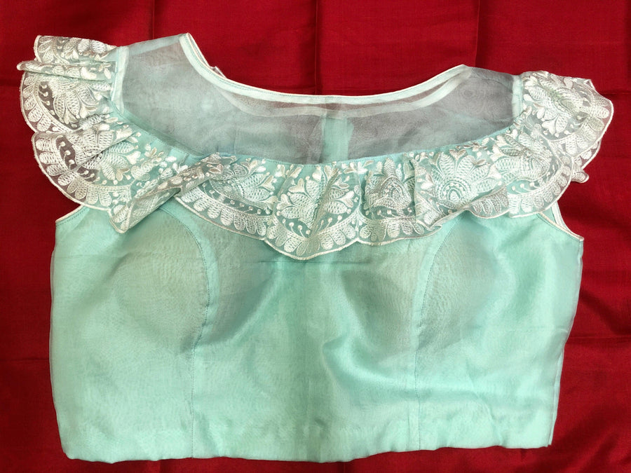 Sea Green Color Pure Organza Sleeveless Blouse