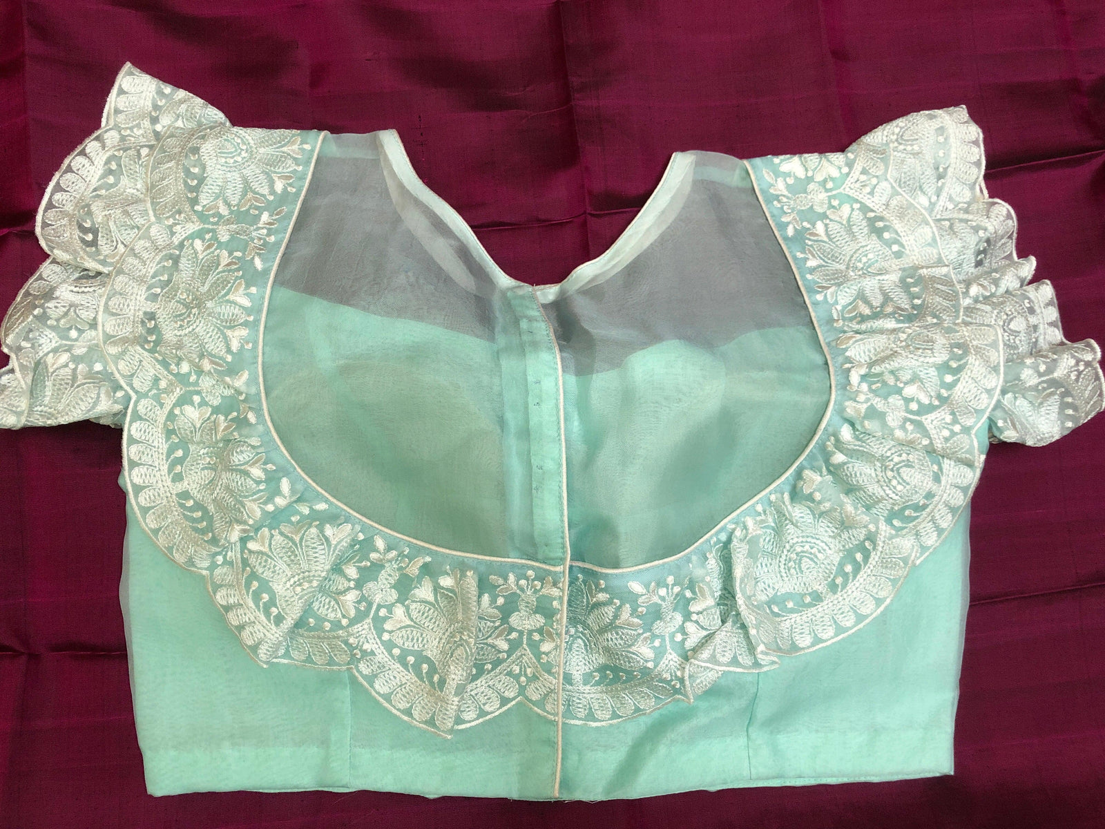 Seafoam Green Color Pure Organza Padded Designer Blouse