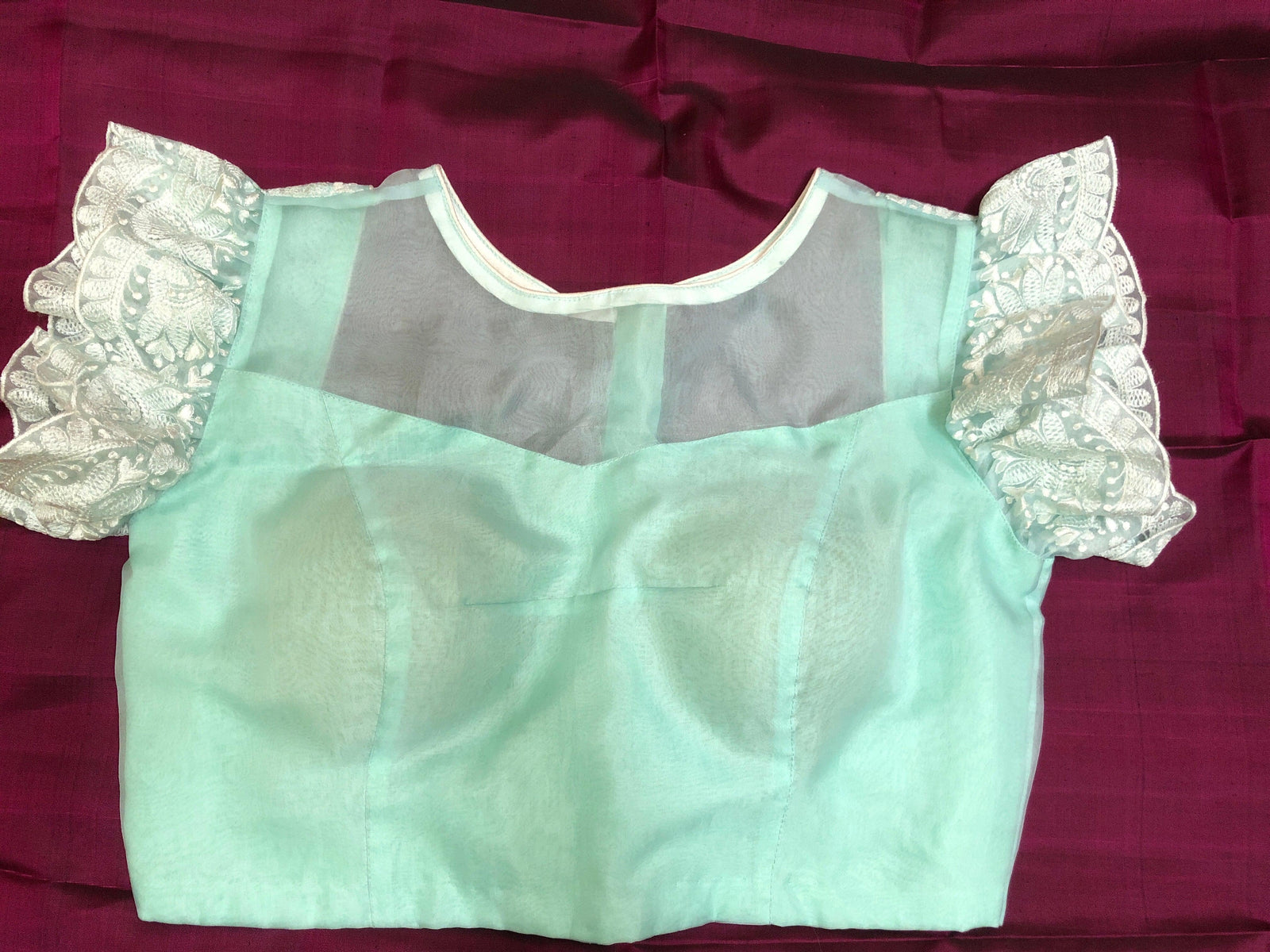 Seafoam Green Color Pure Organza Padded Designer Blouse