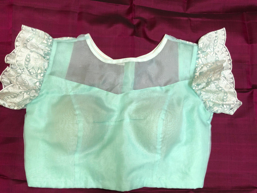 Seafoam Green Color Pure Organza Padded Designer Blouse