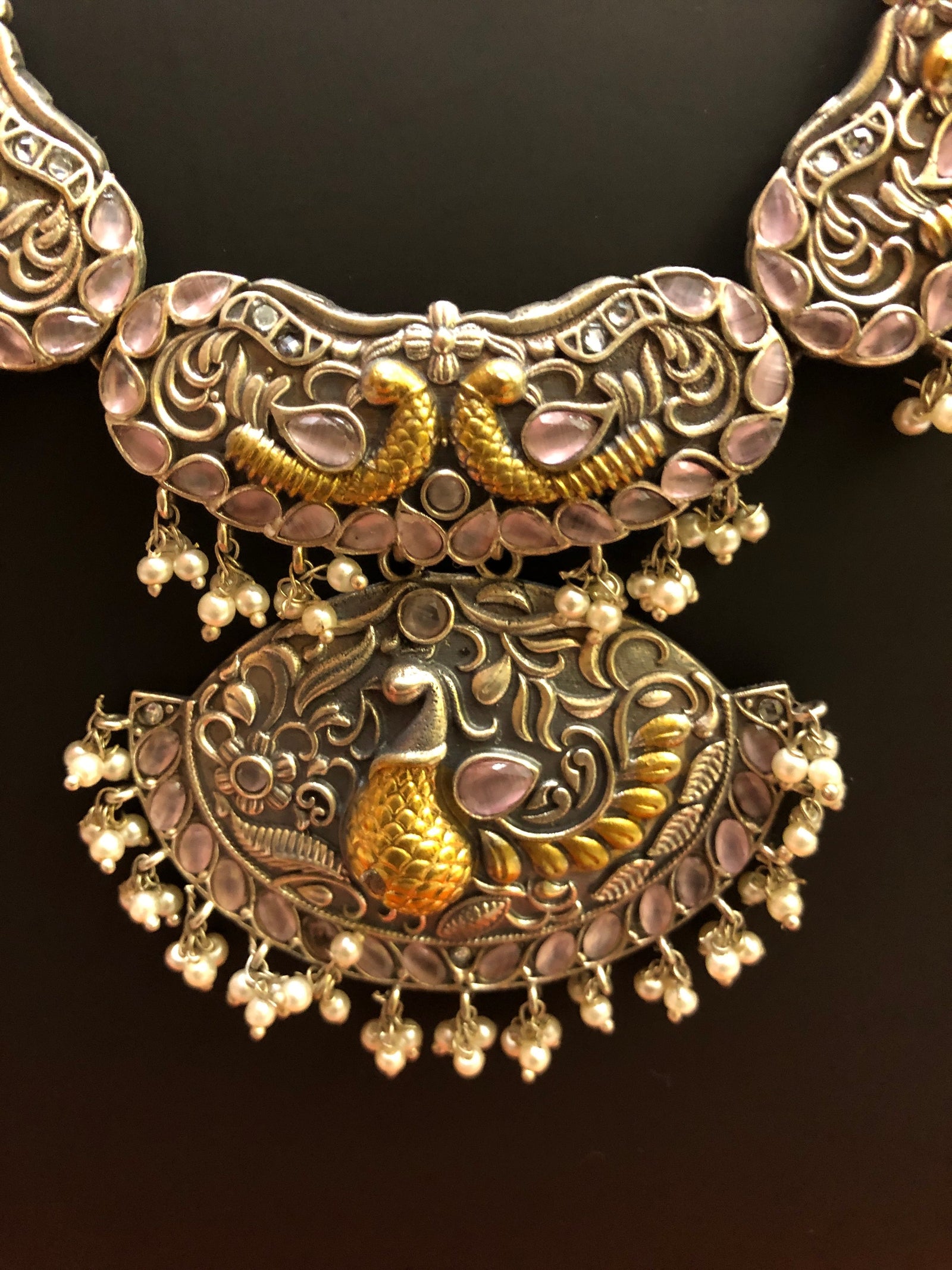 Sitahar Style Silver Polish Necklace with with Dual-Tone Blush Pink Monalisa Stone