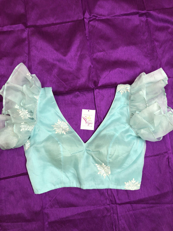 Sky Blue Color Designer Pure Organza Silk Blouse with Frill Sleeves