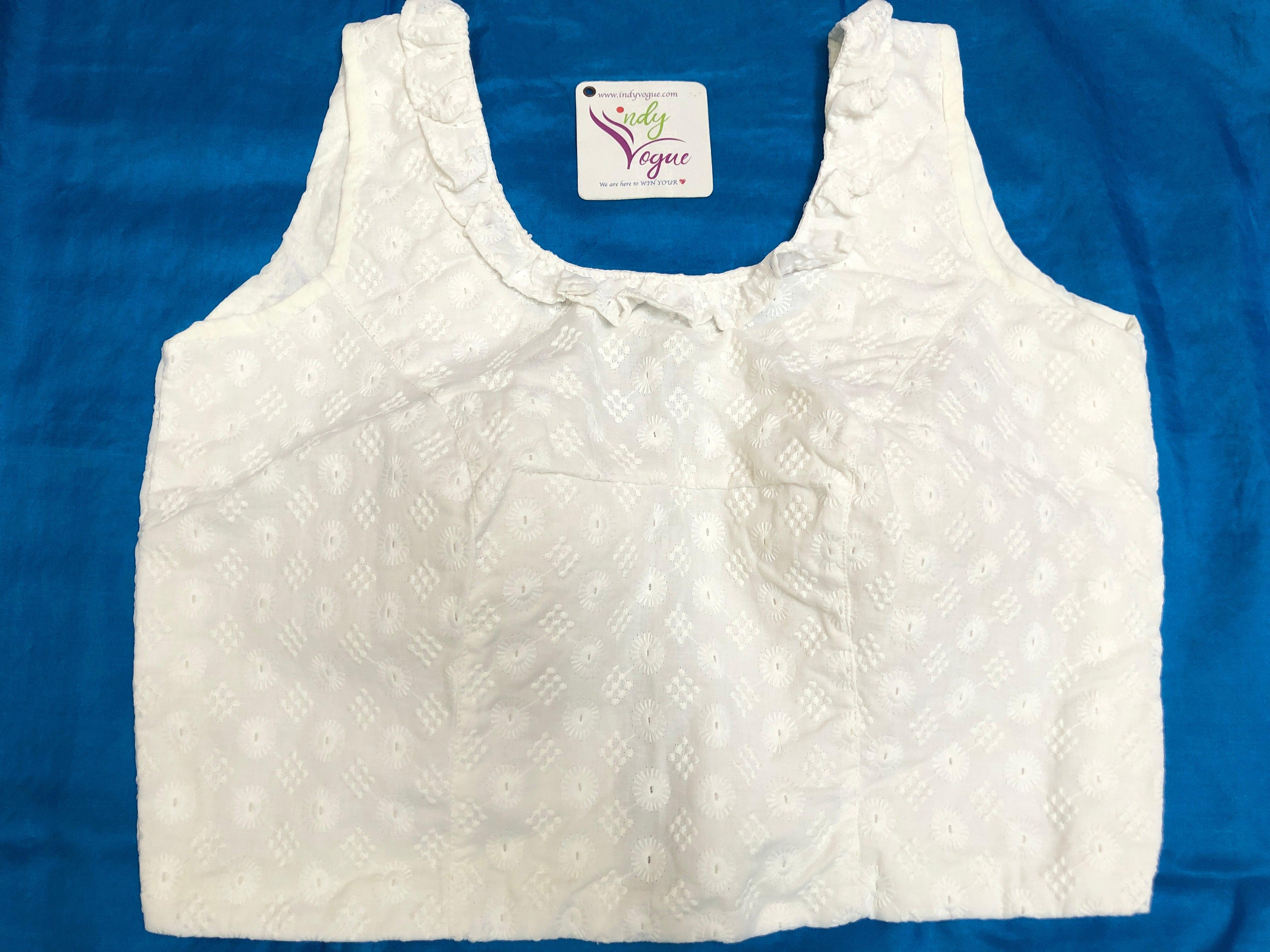 Buy White Color Designer Chikankari Sleeveless Blouse with Frill