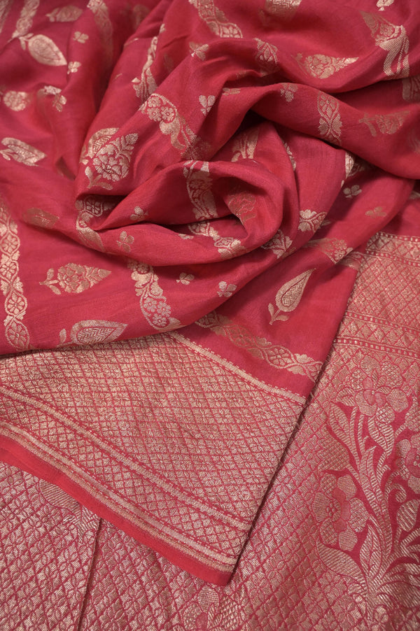 Vermillion Color Pure Chiffon Muga Banarasi with Allover Zari Weaving