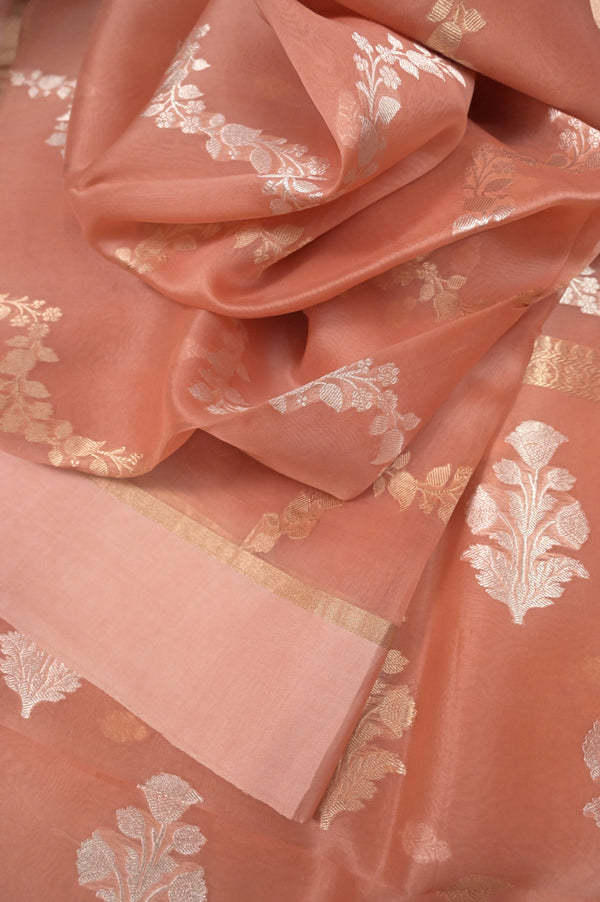 Peach Pink Color Pure Organza Saree with Silver and Golden Zari Buti with Satin Border