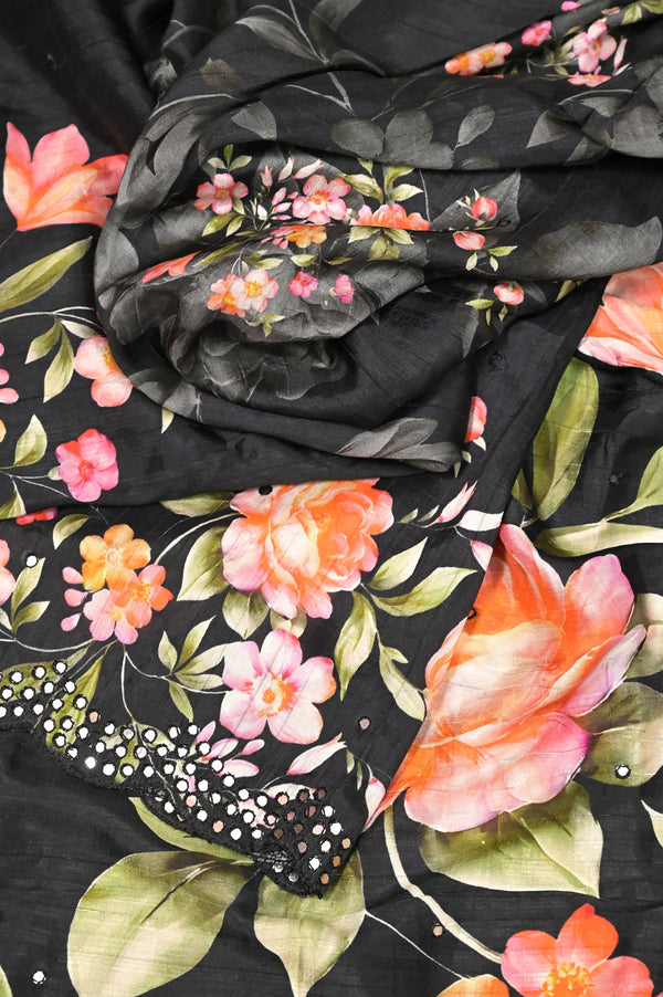 Satin Tussar Saree in Charcoal Black Color with Allover Floral Digital Print and Mirror Embroidery with Scallop Border